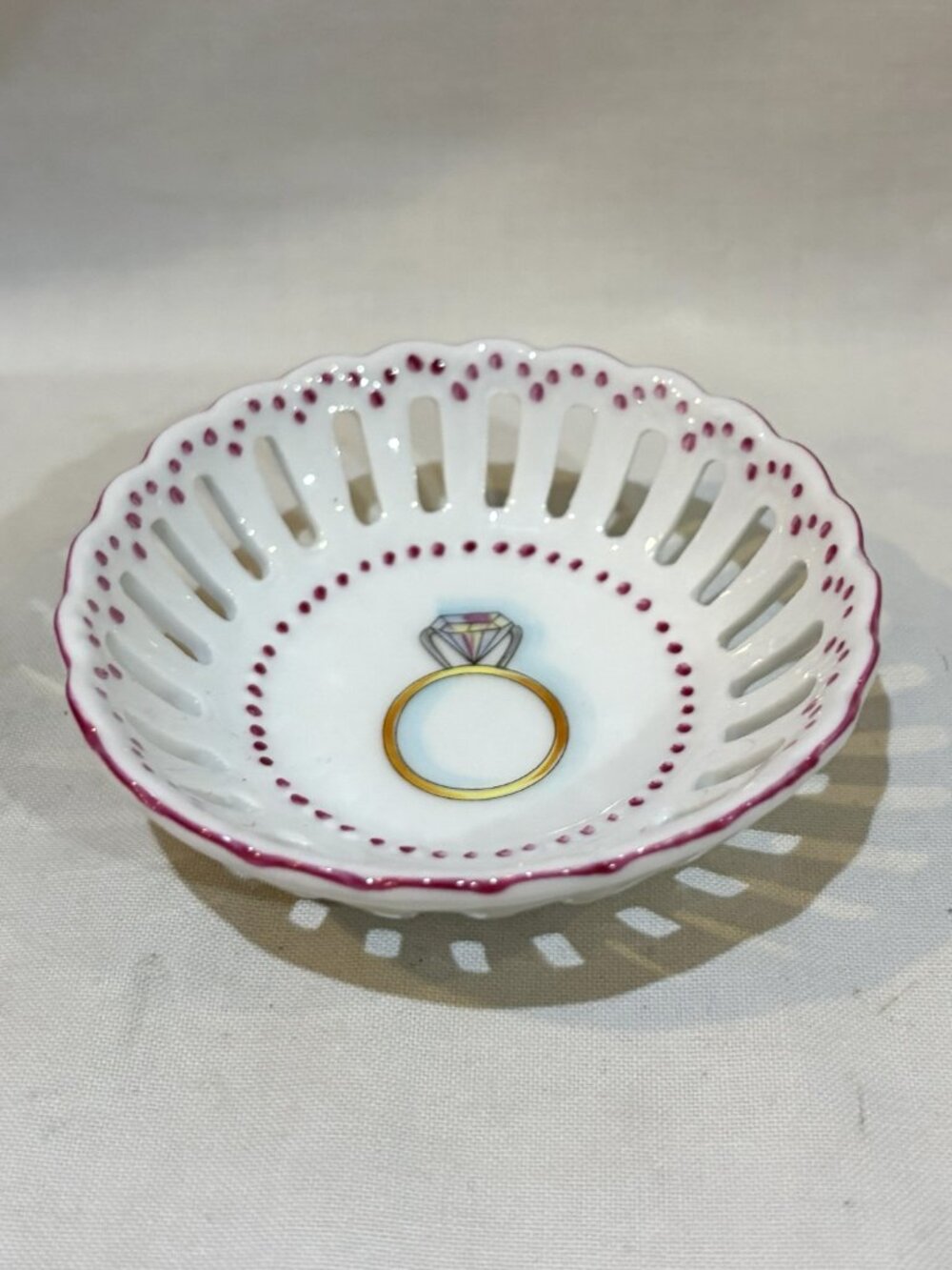 Ann Marie Murray Hand Painted Porcelain Ring Trinket Dish Reticulated Lattice